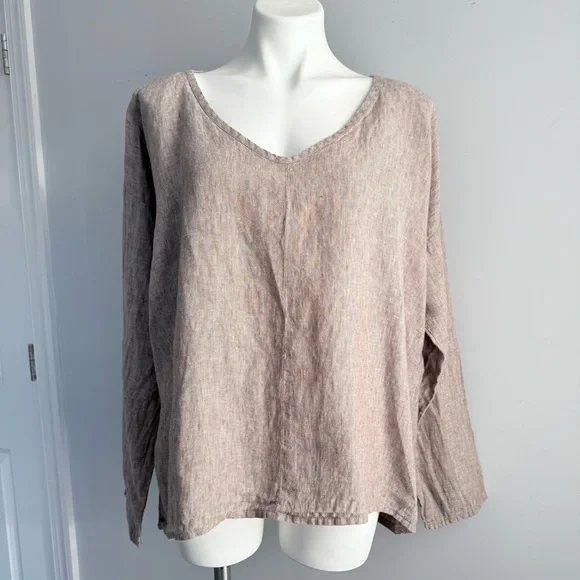 FLAX 100% Linen Oversized V-Neck Tunic Top L Lagenlook Bohemian Long Sleeves - Picture 4 of 14